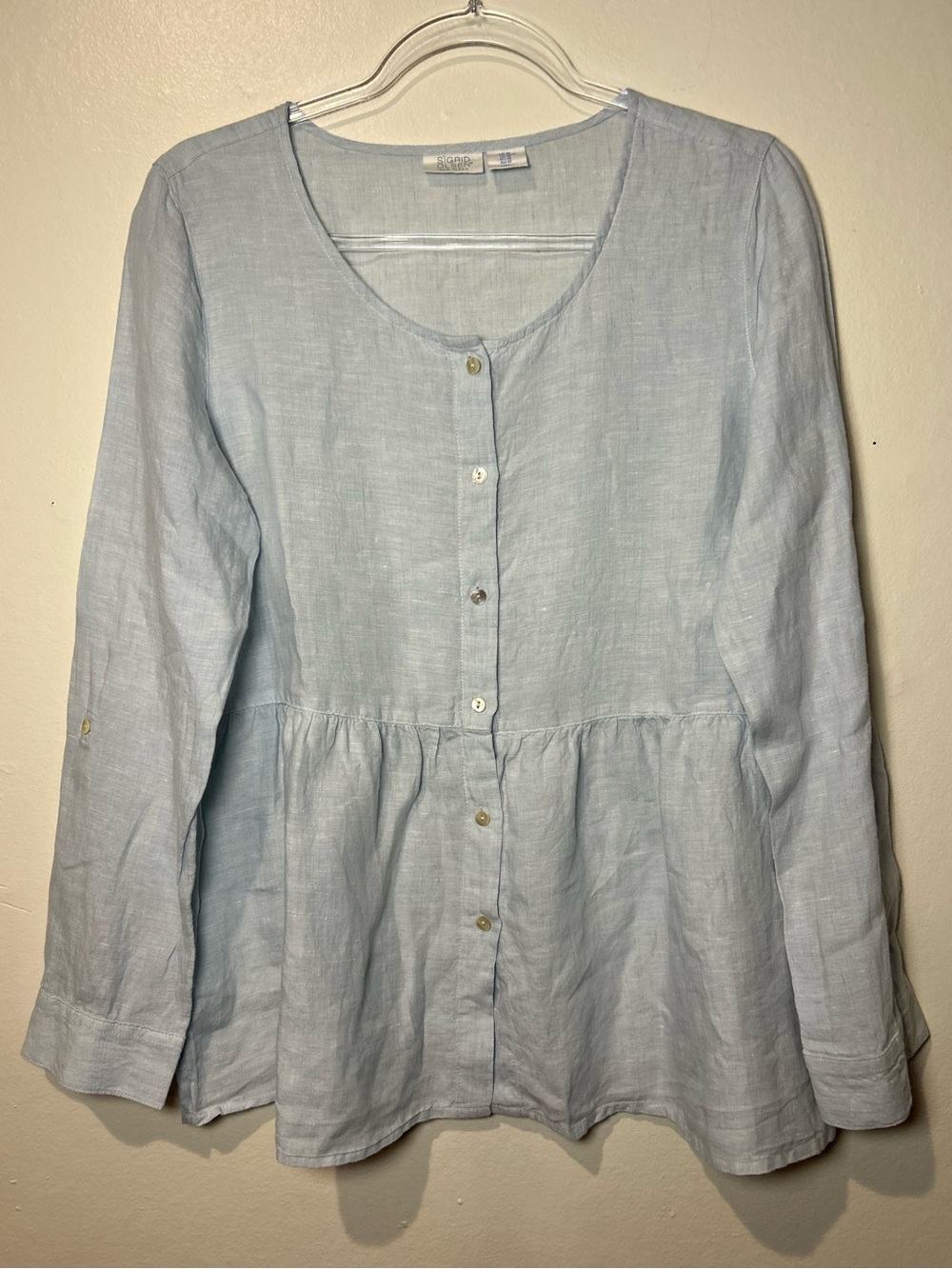 Sigrid Olsen 100% Linen Light Blue Peplum Button Front Blouse Top Medium EUC - Picture 3 of 6